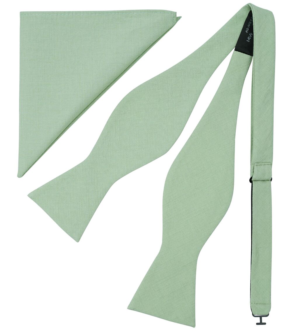 8460 Dusty Sage Bow Tie and Pocket Square Tuexdo, Self-Tied Cotton Linen